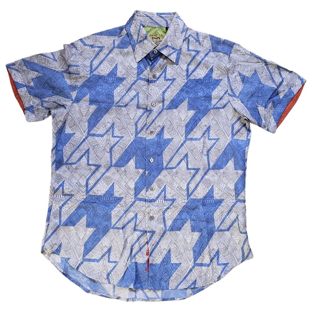 Robert Graham Silk Road Shirt Mens Large Short Sleeve Blue Geometric Tribal